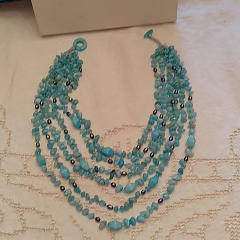 Blue Caribbean Quartz and Pearl necklace genuine stones